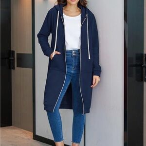 Navy Blue Long Hoodie with Zipper